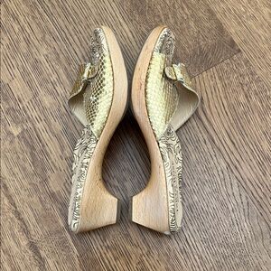 Taryn Rose Metallic Gold Snake Wood Clog Slide Sandals